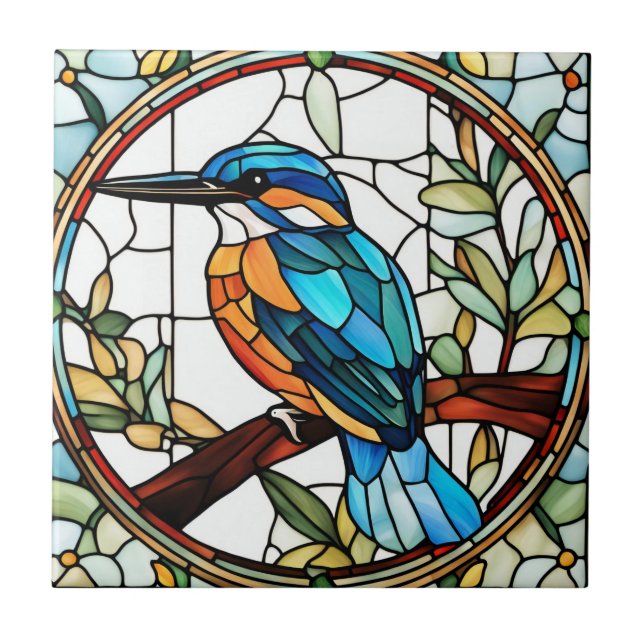 Kingfisher Stached Glass Orange Blue Bird Kakelplatta (Framsidan)