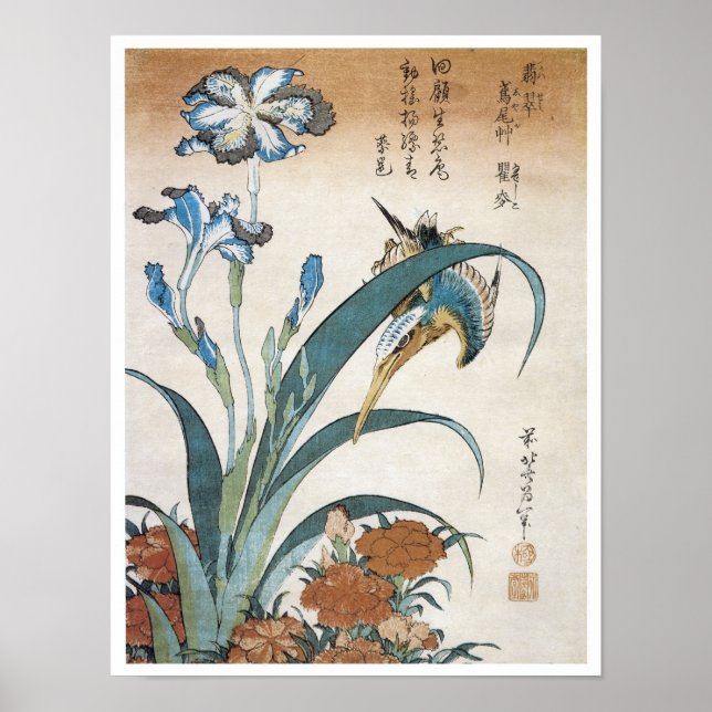 Kingfisher with Irises, Hokusai, 1834 Poster (Framsidan)