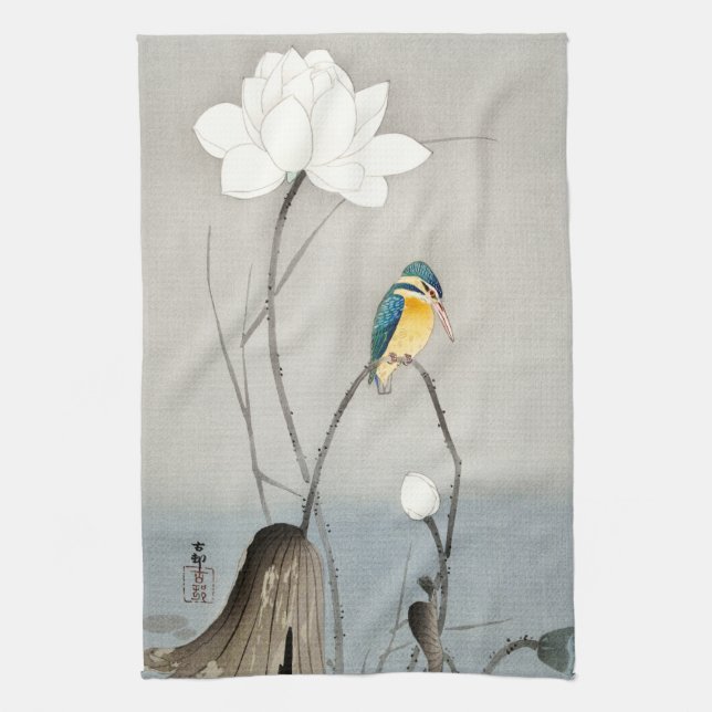 Kingfisher with Lotus Flower - Ohara Koson -  Kökshandduk (Vertikal)