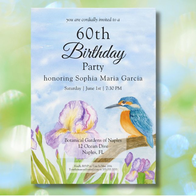  Kingfisher with Purple Irises Any Age Birthday Inbjudningar (Skapare uppladdad)