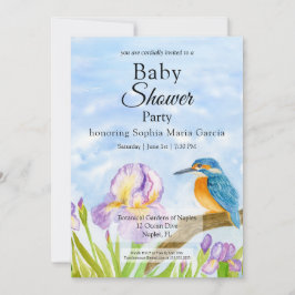  Kingfisher with Purple Irises Baby Shower Inbjudningar