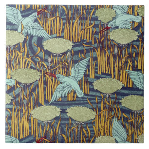 KINGFISKARE OCH BLOMMAR RUSH Art nouveau Blommigt Kakelplatta