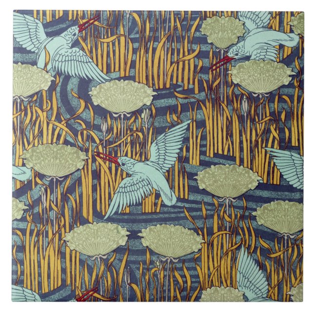 KINGFISKARE OCH BLOMMAR RUSH Art nouveau Blommigt Kakelplatta (Framsidan)