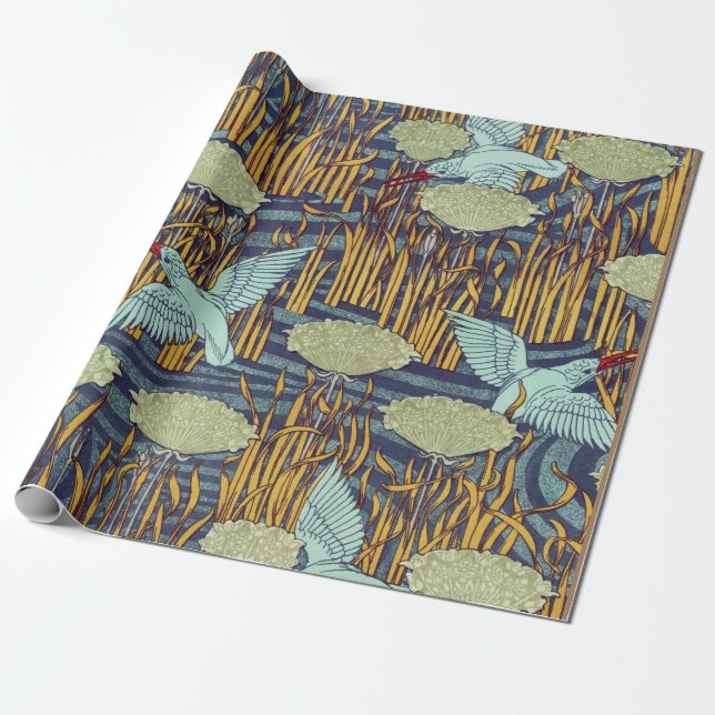 KINGFISKARE OCH BLOMMAR RUSH Art nouveau Blommigt Presentpapper (Utrullad)