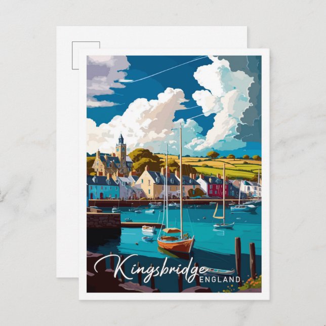Kingsbridge England Vintage resor Illustration Vykort (Fram/baksida)