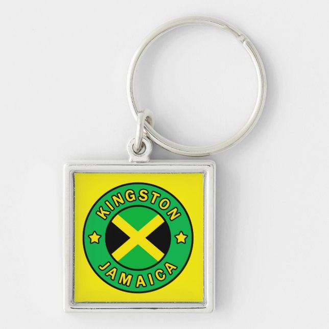 Kingston Jamaica Fyrkantig Silverfärgad Nyckelring (Framsidan)