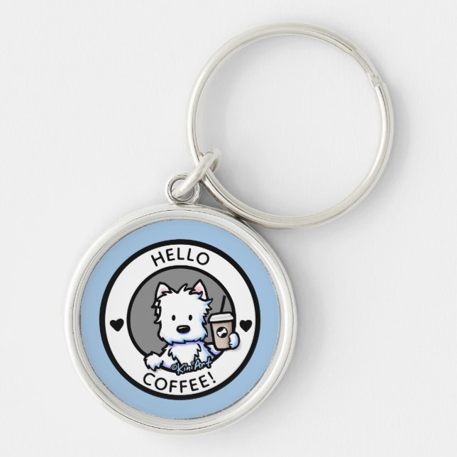 KiniArt Coffee Westie Keychain Rund Silverfärgad Nyckelring (Framsidan)