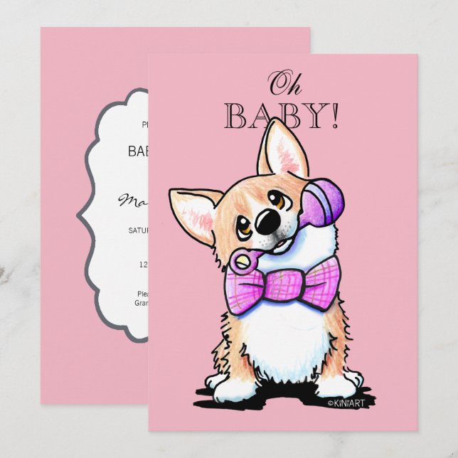 KiniArt Corgi Rosa Baby Shower-inbjudningar Inbjudningar (Fram/baksida)