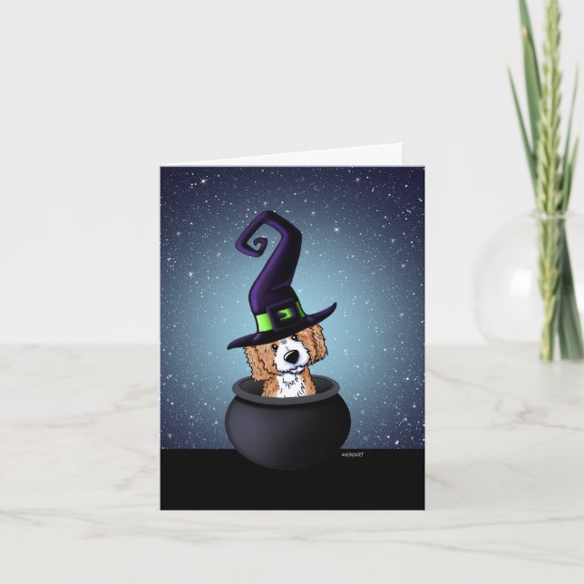 KiniArt Doodle Hund Witch Halloween Kort (Framsida)