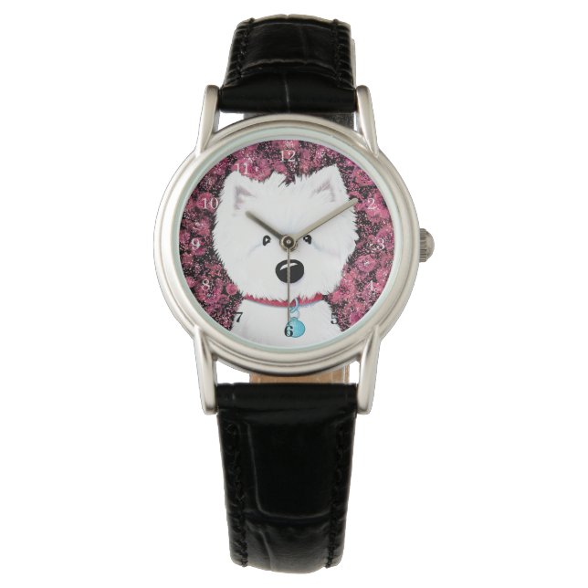 KiniArt Fluffiga Westie Rosor Armbandsur (Framsida)