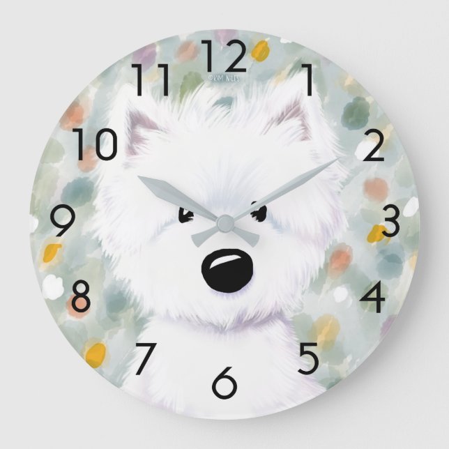 KiniArt Fluffy Westie Impression Stor Klocka (Framsida)
