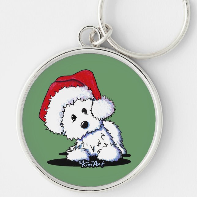 KiniArt Santa Westie Hund Rund Silverfärgad Nyckelring (Framsidan)