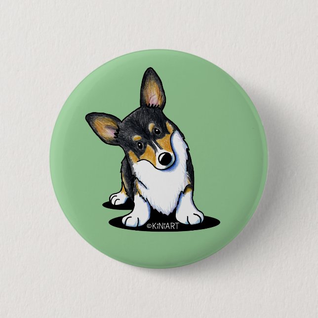 KiniArt Tri Nyfiken Corgi-knapp Knapp (Framsida)