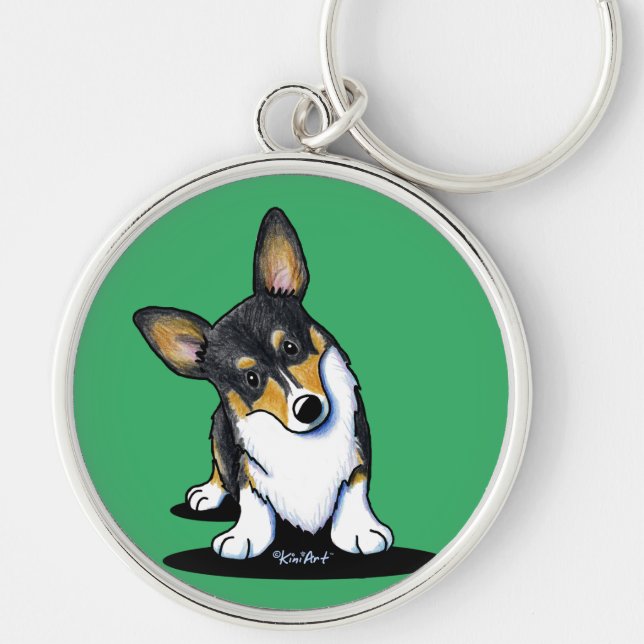 KiniArt Tri Nyfiken Corgi Rund Silverfärgad Nyckelring (Framsidan)