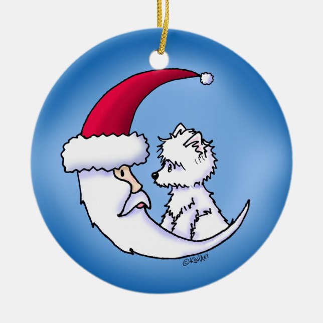 KiniArt Westie Santa Måne Julgransprydnad Keramik (Framsidan)