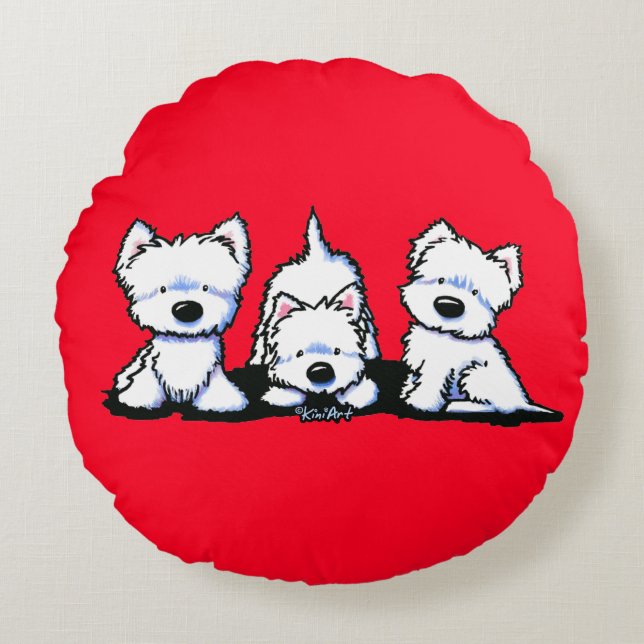 KiniArt Westie Trio Rund Kudde (Framsidan)