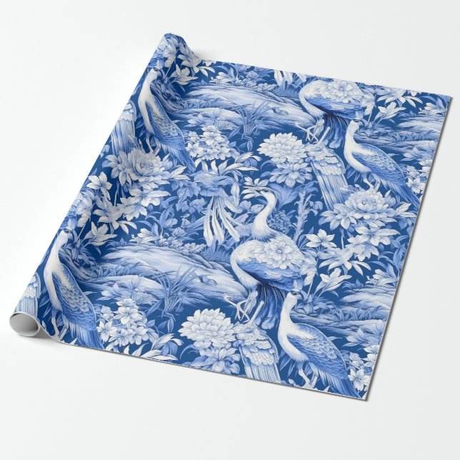 Kinoiserie Birds Blue White Painting Presentpapper (Utrullad)