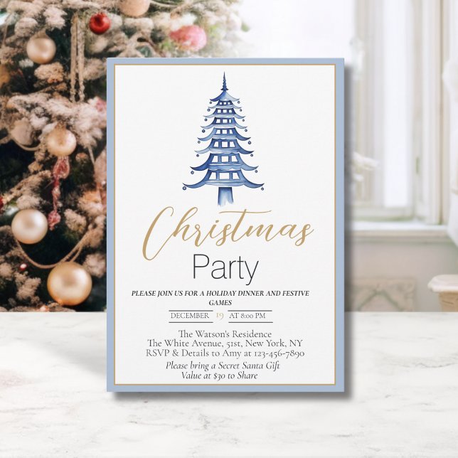 Kinoiserie, blått Pagoda-julinbjudan Inbjudningar (Chinoiserie Pagoda Christmas tree: Christmas Party invitation in dusty blue)