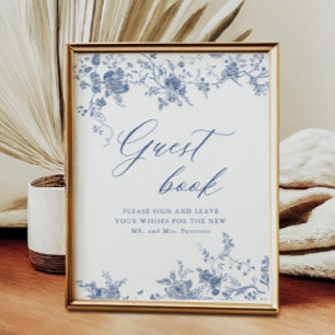 Kinoiserie Blue Blommigt Bröllop Guestbook-tecken Poster