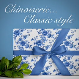 Kinoiserie Blue Vit ros Wrapping Papper Presentpapper