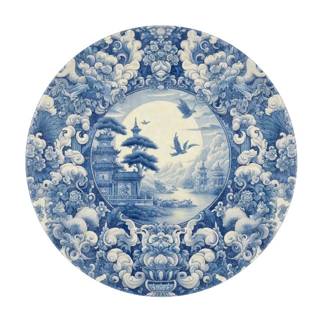 Kinoiserie Blue White Asian Pagoda Sjö Cranes (Framsidan)