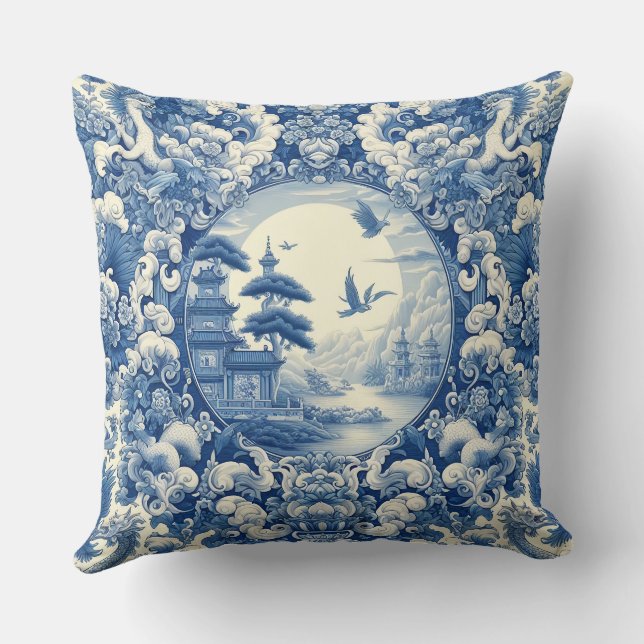 Kinoiserie Blue White Asian Pagoda Sjö Cranes Kudde (Baksida)