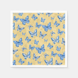 Kinoiserie Blue White Butterfly Faded Damask Pappersservett