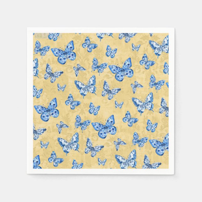 Kinoiserie Blue White Butterfly Faded Damask Pappersservett (Framsidan)