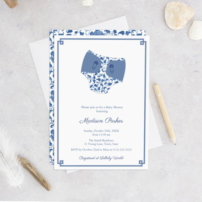 Kinoiserie Blue & White Diaper Wipes Baby Shower Inbjudningar (Chinoiserie Chic Blue And White Diaper Theme Baby Shower Invitation)
