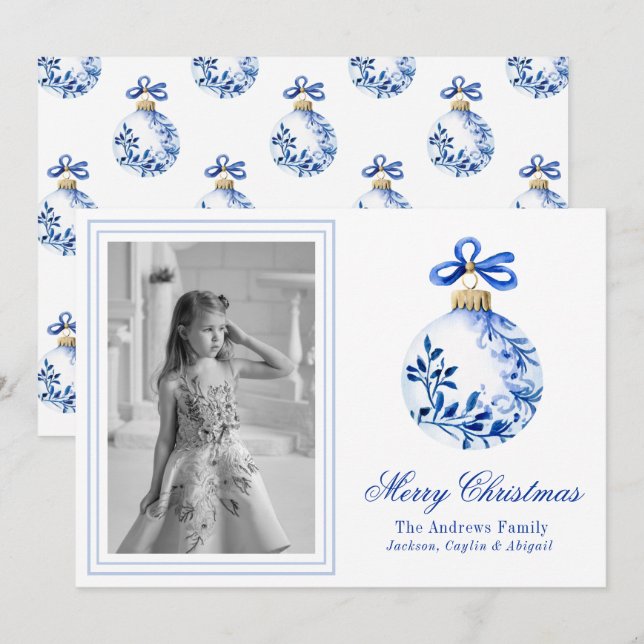 Kinoiserie Blue & White jul Ornament Photo Julkort (Fram/baksida)