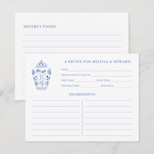 Kinoiserie Chic Blue White Monogram Recept Card Inbjudningar (Fram/baksida)