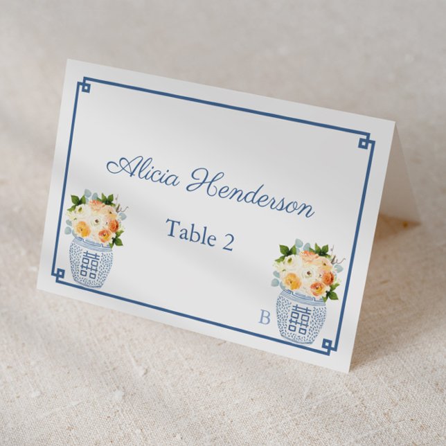 Kinoiserie Chic Fall Flowers Bröllop-platskort Bordsnummer (Blue and white ginger jars with fall flowers individual place cards)