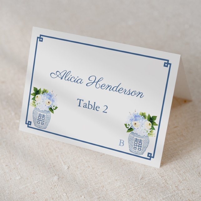 Kinoiserie Chic Navy White Bröllop Place Card Bordsnummer (Elegant chinoiserie chic blue and white individual place card design)