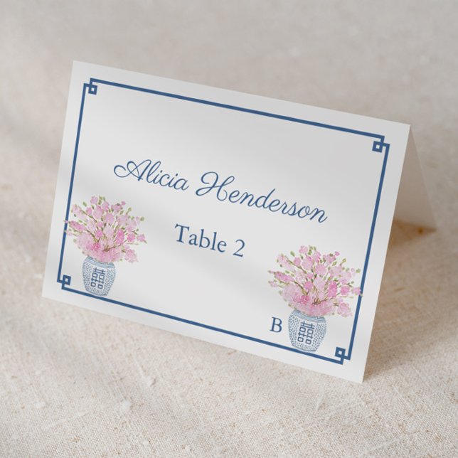 Kinoiserie-Chicens Rosa och Bröllop-platskort Bordsnummer (Chinoiserie chic navy and pink individual place cards for wedding, bridal shower or baby shower)