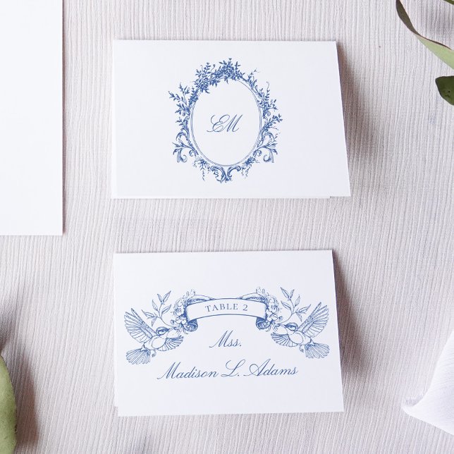 Kinoiserie Classie Blue Birds Folable Namn Card Bordsnummer (Blue victorian birds and flower frames for a chinoiserie inspired wedding stationery suite)