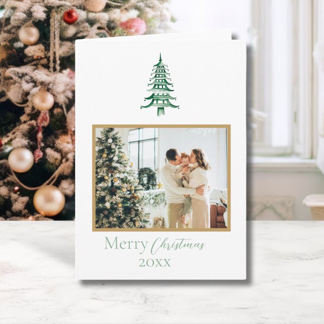 Kinoiserie-julens Grönt Pagoda 1-Photo Kort (Chinoiserie Christmas Green Pagoda 1-Photo Card)