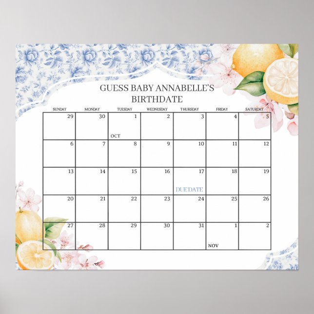 Kinoiserie Lemon Tea Baby Shower gissningsdatum Poster (Framsidan)