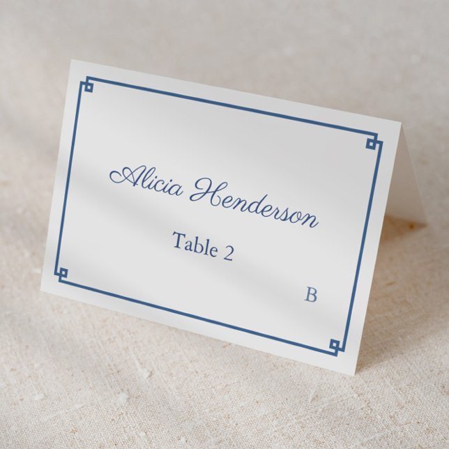 Kinoiserie-Möhippa, individuellt monteringskort Bordsnummer (Dark blue and white greek key border with chinoiserie print backer individual place cards)