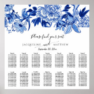 Kinoiserie Navy Blue White Blommigt Sittdiagram Poster