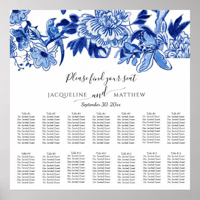 Kinoiserie Navy Blue White Blommigt Sittdiagram Poster (Framsidan)