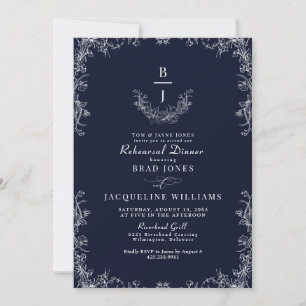 Kinoiserie Navy Elegant Rehearsal Dinner Inbjudningar