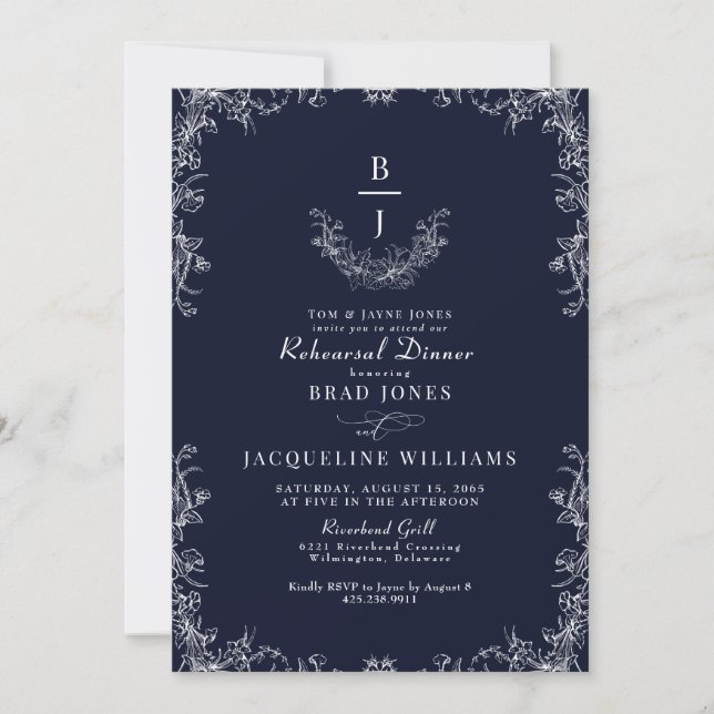 Kinoiserie Navy Elegant Rehearsal Dinner Inbjudningar (Framsida)