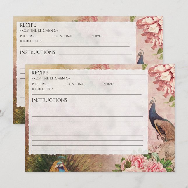 Kinoiserie Peacock  Peony Möhippa Recipe Card Inbjudningar (Fram/baksida)