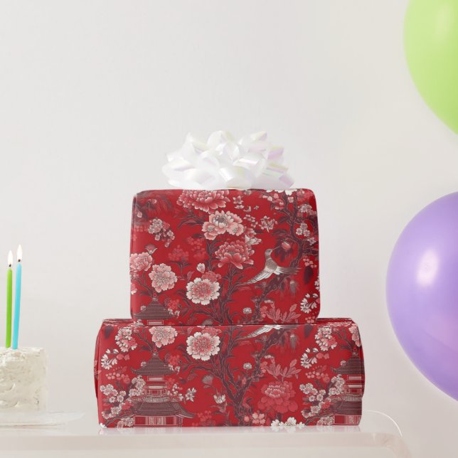 Kinoiserie Red Rosa Blommigt Painting Presentpapper (Festgåvor)