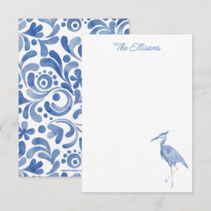Kinoiserie Watercolor Blue Heron Bird Note Cards Tack Kort