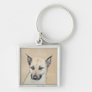 Kinook-målning (spetsar Öron) - Originalkonst Hund Fyrkantig Silverfärgad Nyckelring