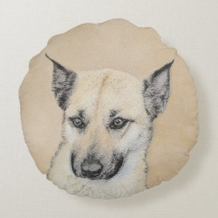 Kinook-målning (spetsar Öron) - Originalkonst Hund Rund Kudde