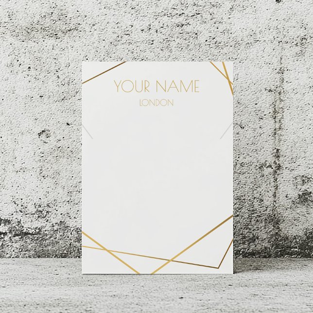 Kintsugi guld geometric jewelry visning card visitkort (White necklace display card with gold text and gold geometric border)