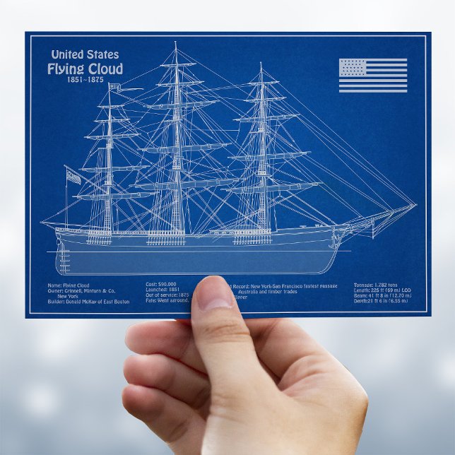 Kipperskepp Flying Cloud - ritning ABD Vykort (Clipper Ship Flying Cloud - Blueprint ABD. Postcard)