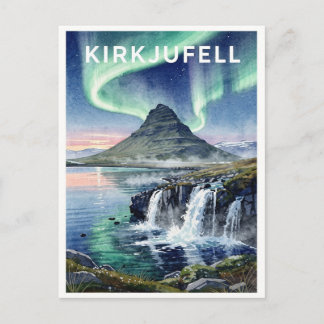 Kirkjufell Island Norrsken Vattenfall Vintage Vykort